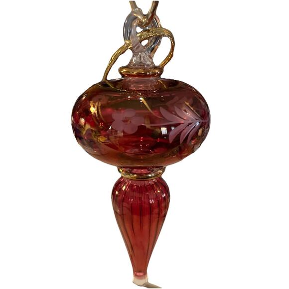 Vtg Art Glass Handblown Finial Cranberry Gold Etched Flowers Christmas Ornament